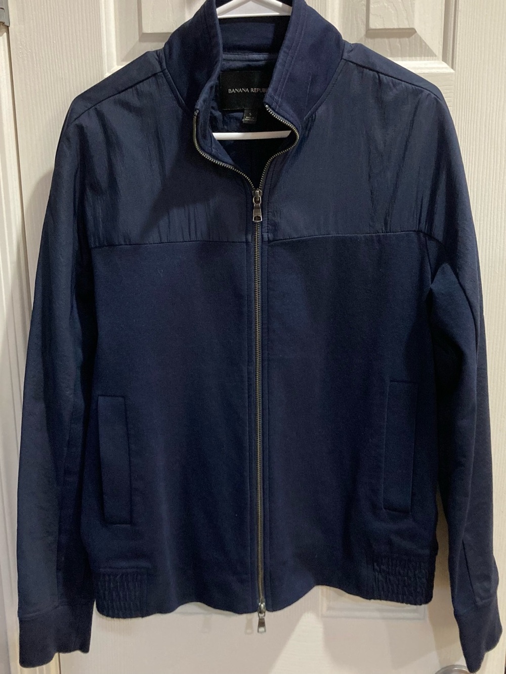 Banana Republic Mens Mixed Media Full Zip Jacket Navy Blue Mock Neck Size S